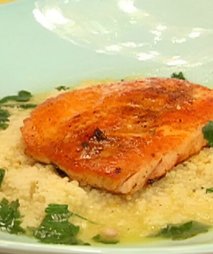 Arctic Char With Tangerine-habanero Glaze And Meyer Lemon Couscous Broth