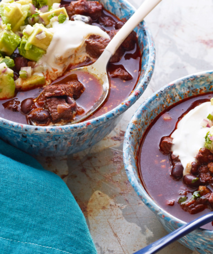 Beef and Black Bean Chili with Toasted Cumin Crema and Avocado Relish