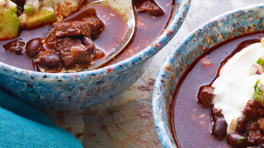 Beef and Black Bean Chili with Toasted Cumin Crema and Avocado Relish