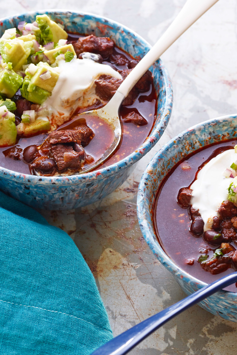 Beef and Black Bean Chili with Toasted Cumin Crema and Avocado Relish