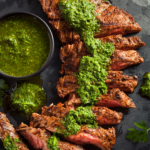 Grilled Skirt Steak with Green and Smokey Red Chimichurri