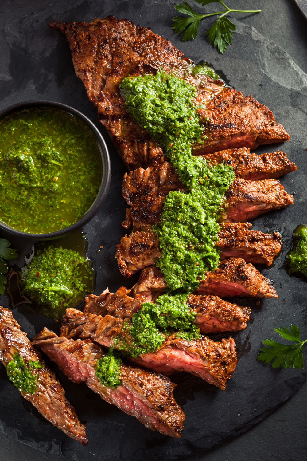 Grilled Skirt Steak with Green and Smokey Red Chimichurri