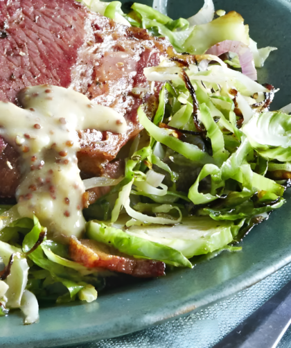 Sauteed Cabbage and Brussels Sprouts with Bacon and Caramelized Shallots