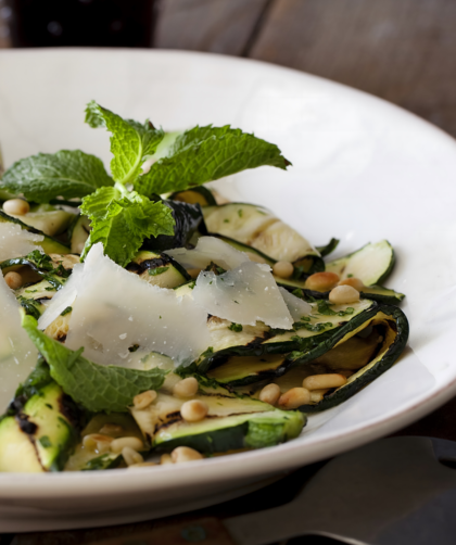 Grilled Zucchini Salad with Lemon-Herb Vinaigrette and Shaved Romano and Toasted Pine Nuts