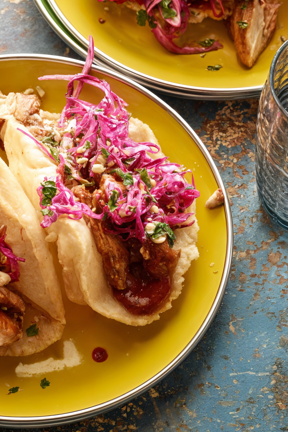 Yucatan Chicken Puffy Tacos with Peanut-Red Chili BBQ Sauce and Red Cabbage Slaw