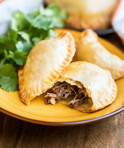 Beef And Goat Cheese Empanada With Piquillo Pepper Sauce And Pickled Red Onion