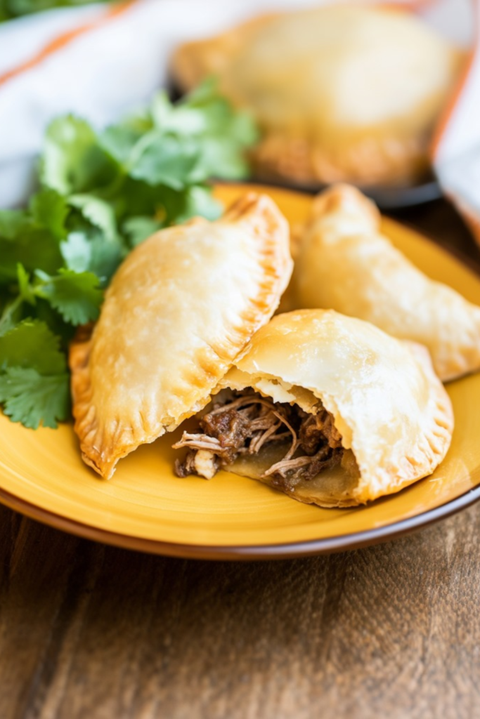 Beef And Goat Cheese Empanada With Piquillo Pepper Sauce And Pickled Red Onion