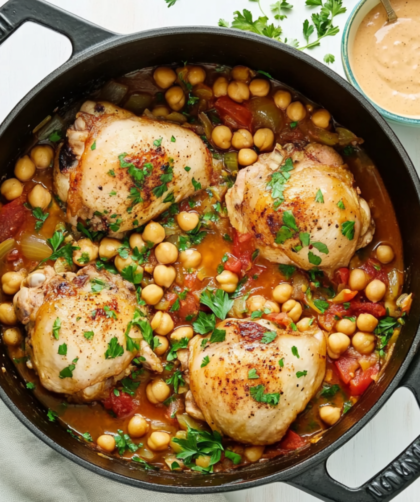 Bobby Flay Chicken and Chickpea Tagine with Apricots and Harissa Sauce