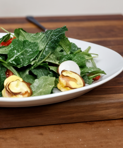 Baby Greens Salad with Ham Quiche Croutons and Maple-Cider Vinaigrette