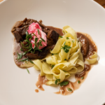 Beef Stroganoff with Beet Creme Fraiche