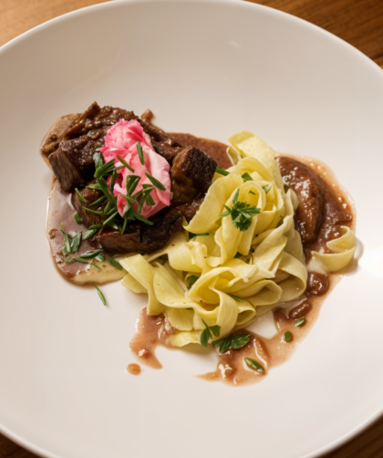 Beef Stroganoff with Beet Creme Fraiche