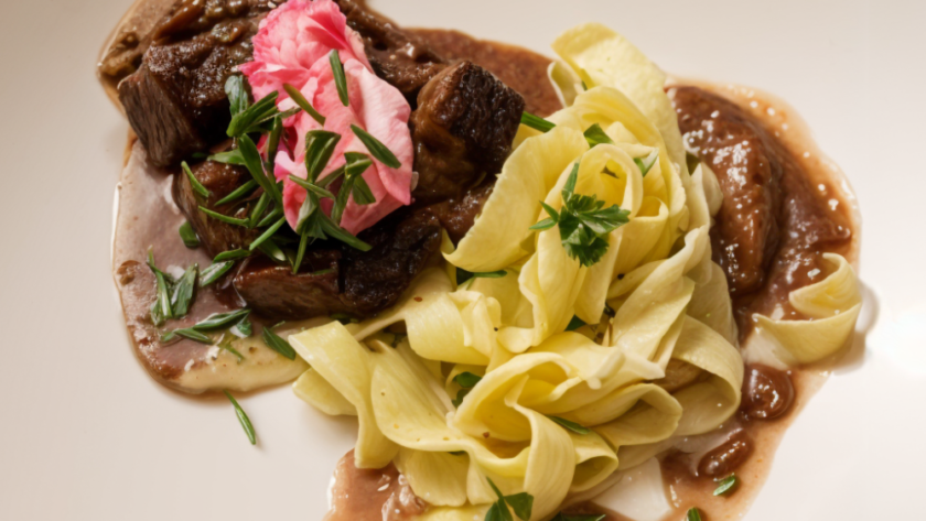 Beef Stroganoff with Beet Creme Fraiche