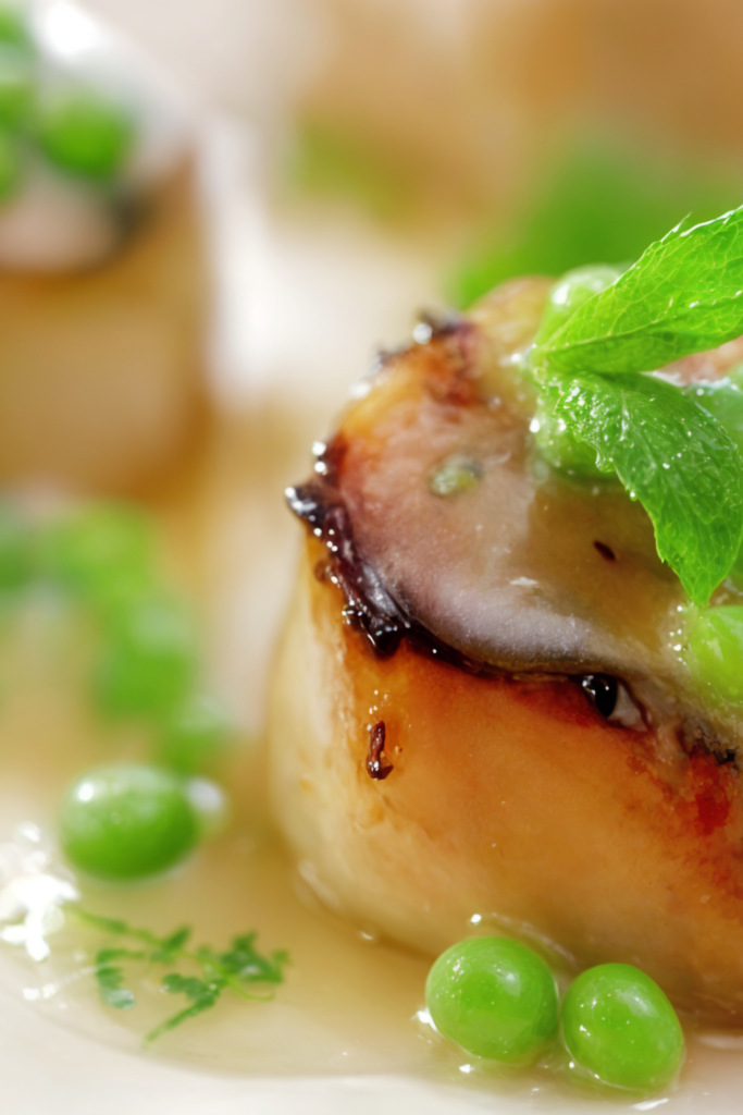 Caramelized Scallops with Fresh Green Pea Vinaigrette