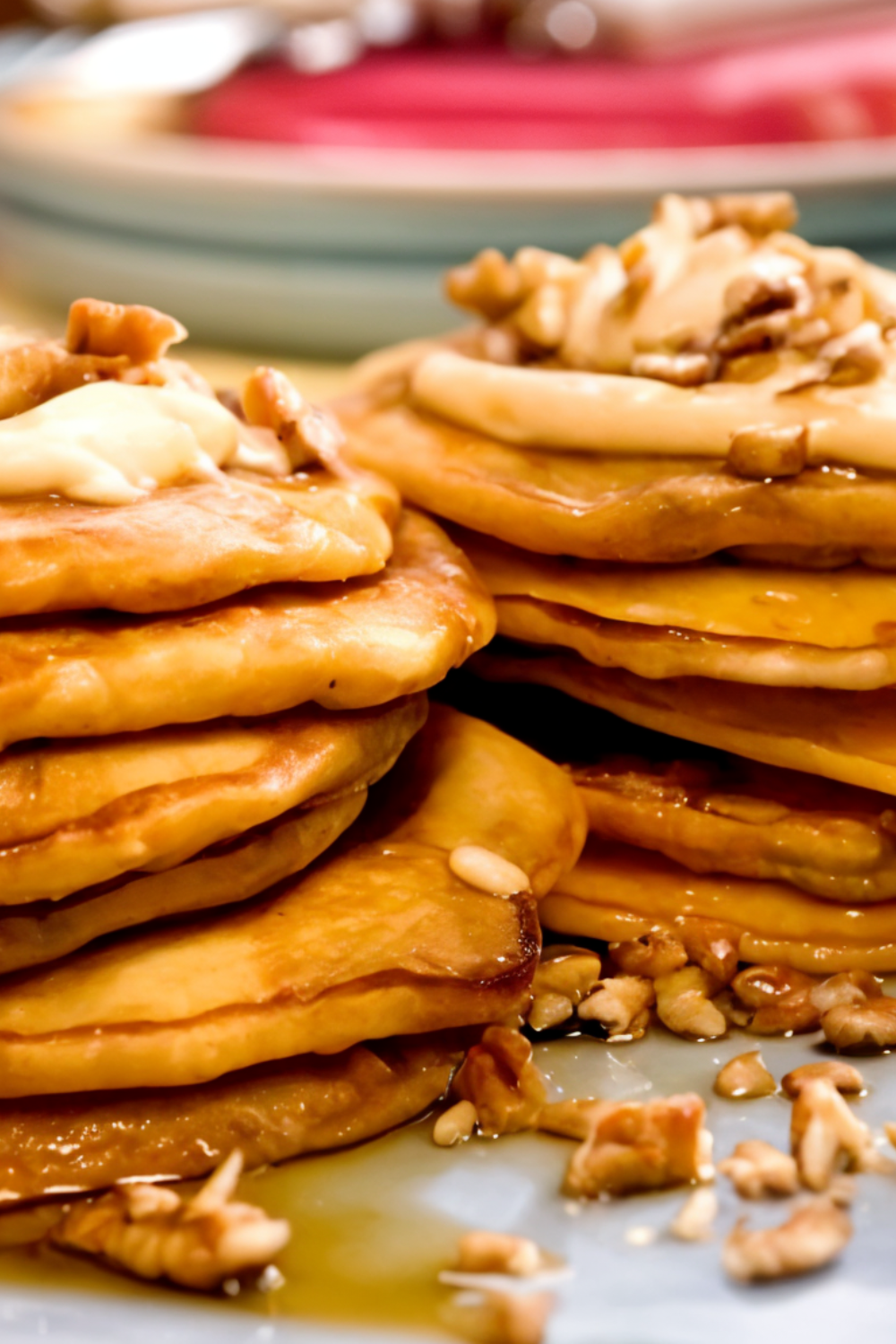 Carrot Cake Pancakes with Maple-Cream Cheese Drizzle and Toasted Pecans