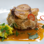 Crab Cakes with Mango-Avocado Relish and Sour Orange Sauce