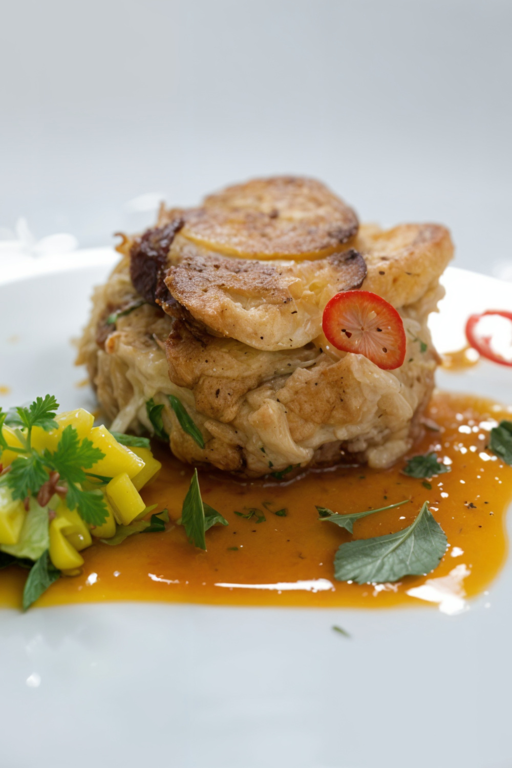 Crab Cakes with Mango-Avocado Relish and Sour Orange Sauce