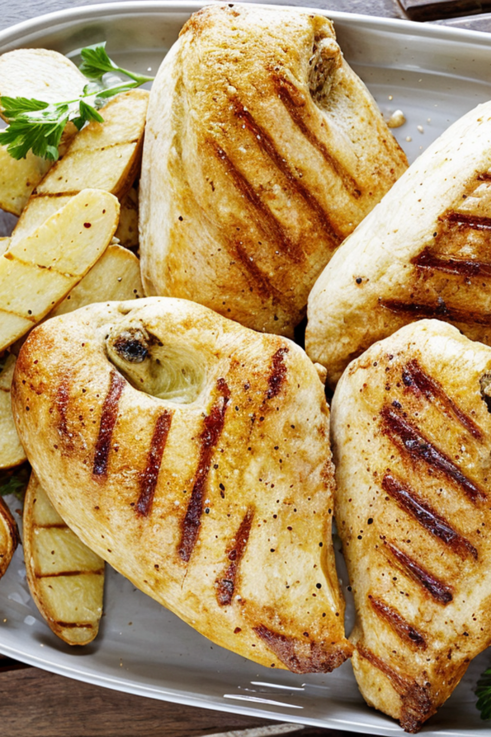 Grilled Chicken with Roasted Garlic-Oregano Vinaigrette and Grilled Fingerling Potatoes