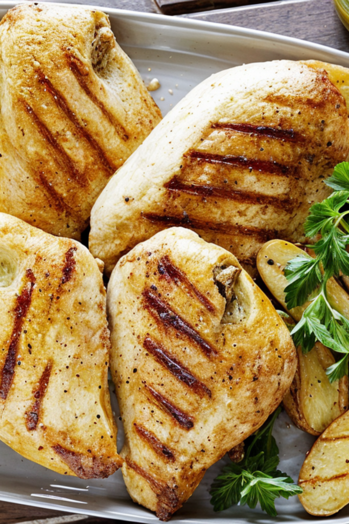 Grilled Chicken with Roasted Garlic-Oregano Vinaigrette and Grilled Fingerling Potatoes