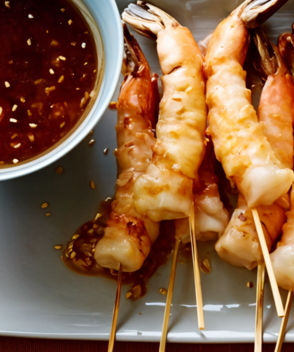 Grilled Shrimp Skewers with Soy Sauce, Fresh Ginger and Toasted Sesame Seeds