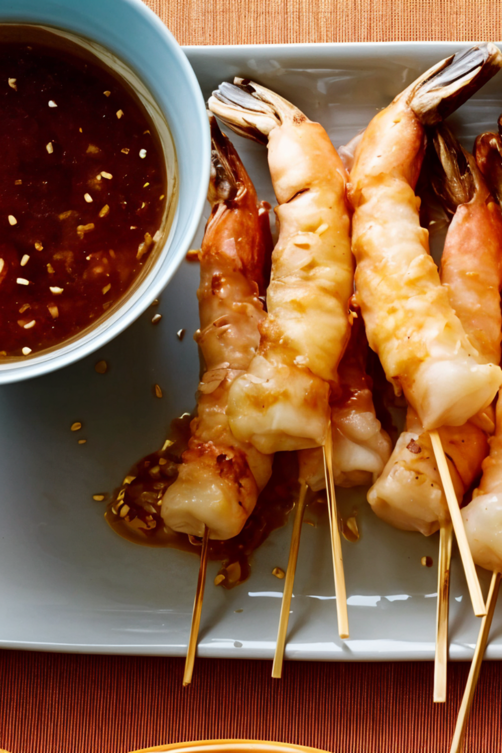 Grilled Shrimp Skewers with Soy Sauce, Fresh Ginger and Toasted Sesame Seeds