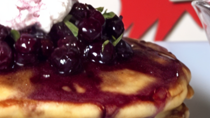 Lemon-Blueberry-Ricotta-Buttermilk Pancakes with Blueberry-Cassis Relish and Blueberry Maple Syrup