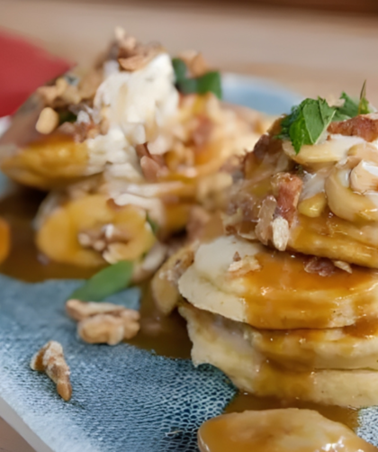 Mexican Corn Pancakes with Whipped Goat Cheese, Piloncilo Caramelized Bananas and Walnuts