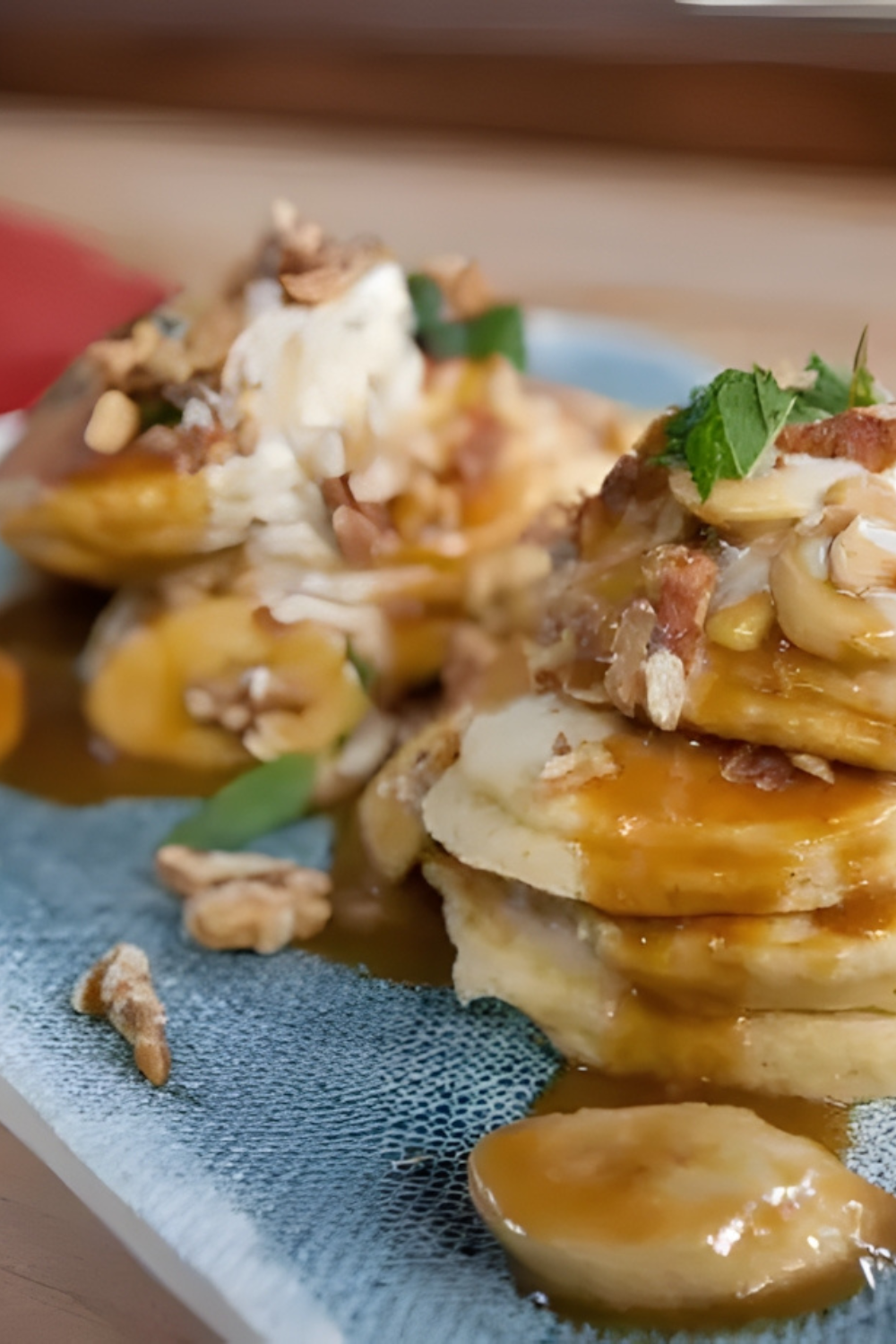 Mexican Corn Pancakes with Whipped Goat Cheese, Piloncilo Caramelized Bananas and Walnuts