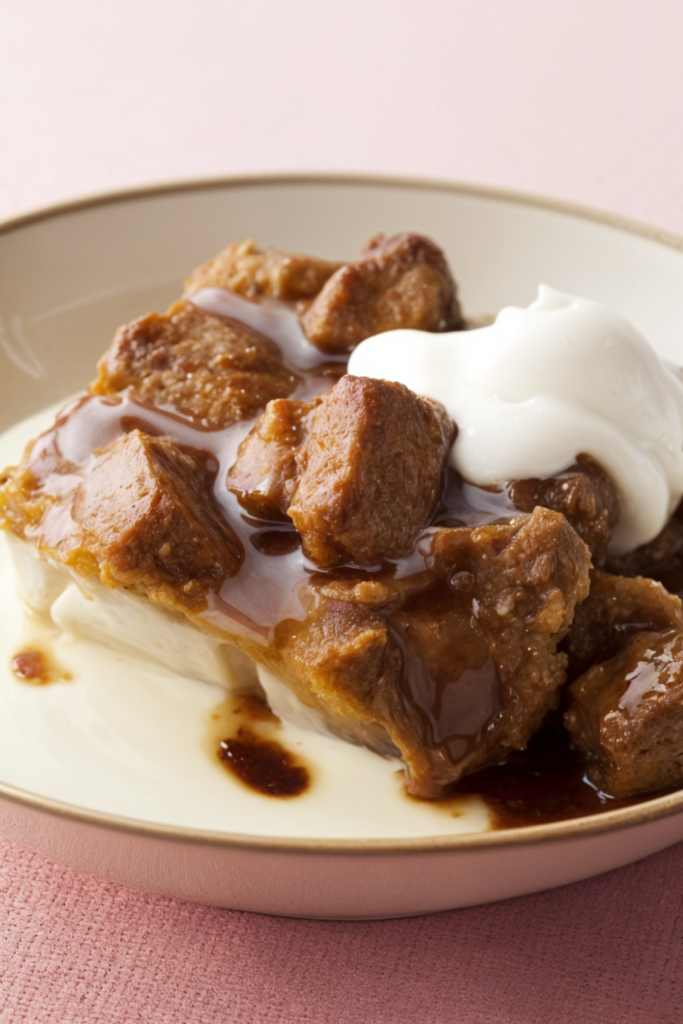 Pumpkin Bread Pudding with Spicy Caramel Apple Sauce and Vanilla Bean Creme Anglaise