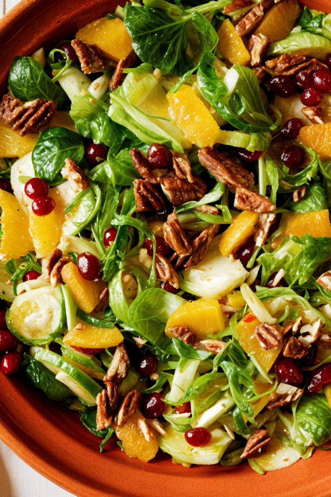 Shaved Brussels Sprouts with Pomegranate Orange Vinaigrette and Pecans