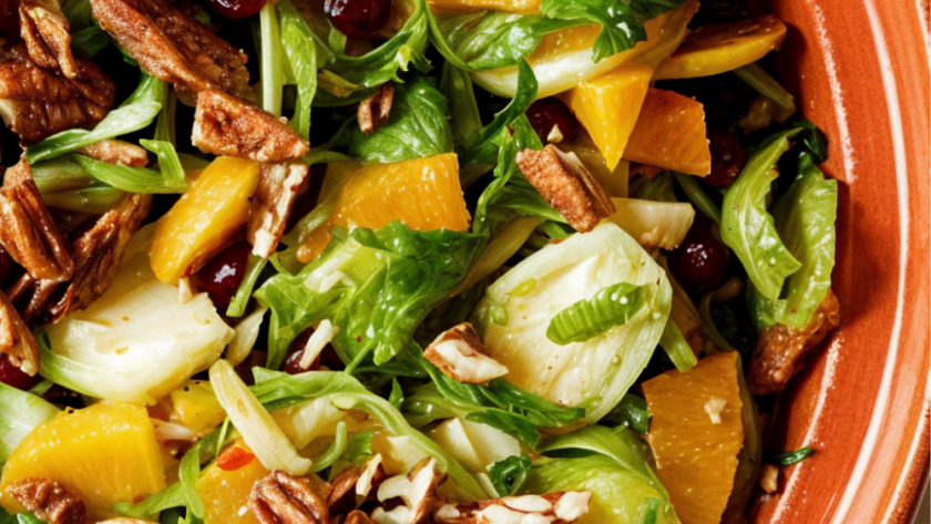 Shaved Brussels Sprouts with Pomegranate Orange Vinaigrette and Pecans