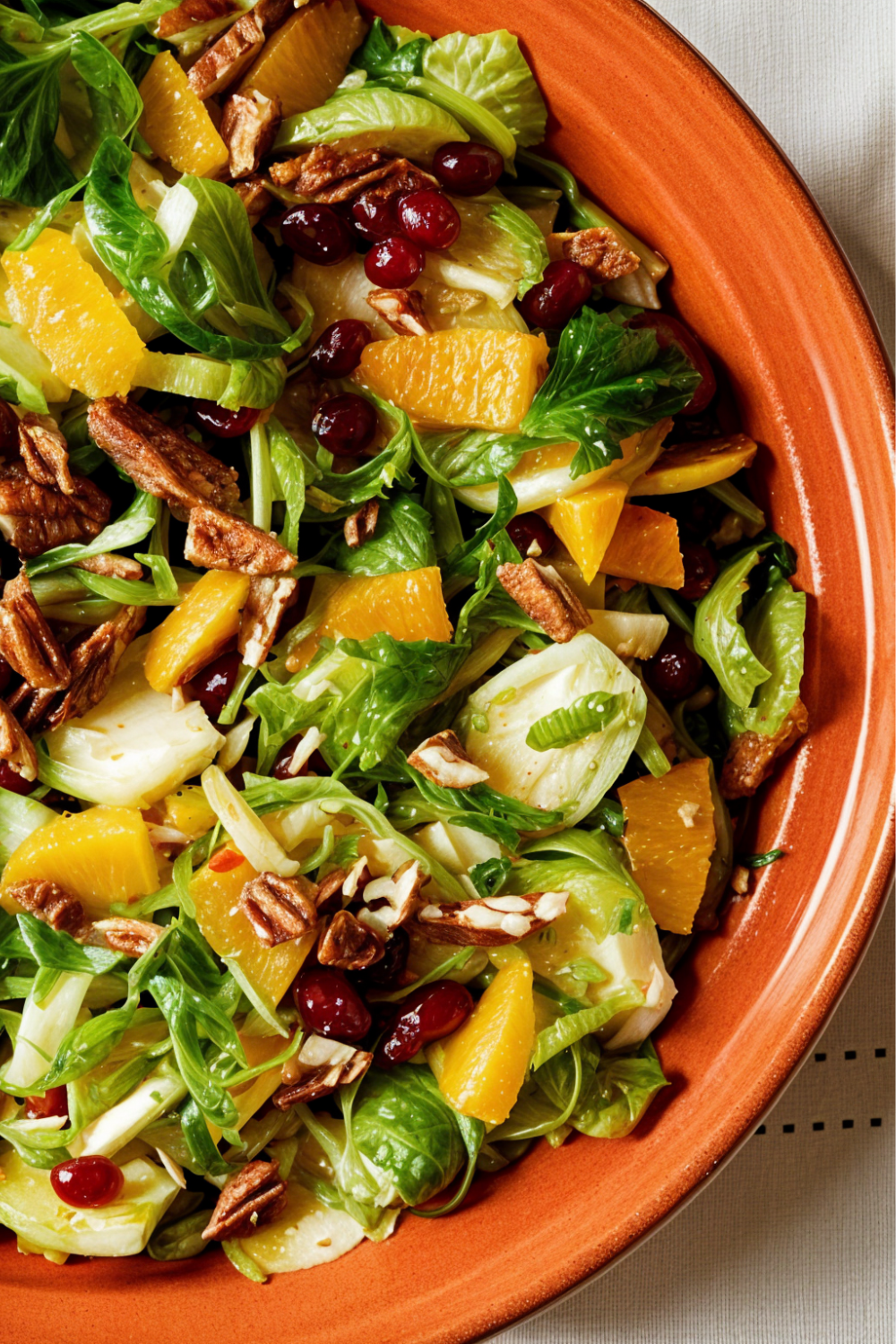 Shaved Brussels Sprouts with Pomegranate Orange Vinaigrette and Pecans