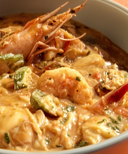 Shellfish and Andouille Gumbo with Shrimp, Scallops, Clams and Oysters with Crispy Okra