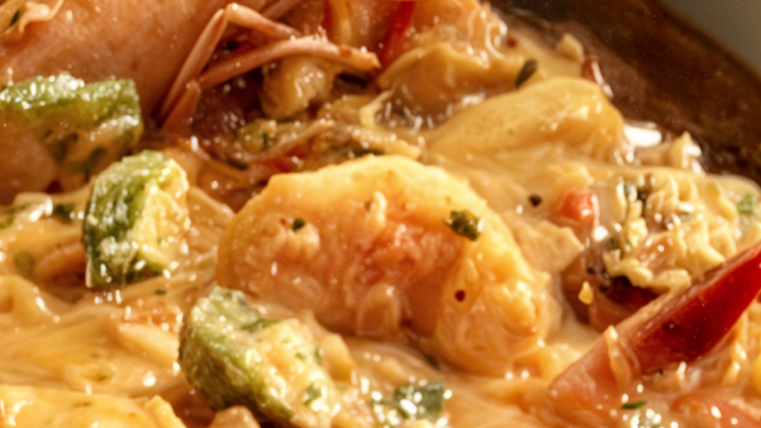 Shellfish and Andouille Gumbo with Shrimp, Scallops, Clams and Oysters with Crispy Okra