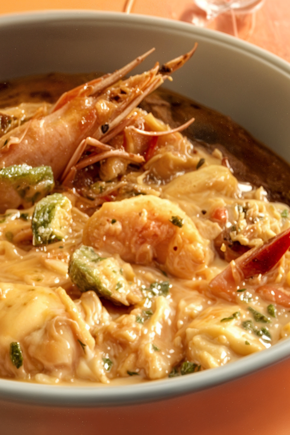 Shellfish and Andouille Gumbo with Shrimp, Scallops, Clams and Oysters with Crispy Okra