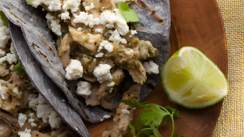 Shredded Chicken and Tomatillo Tacos with Queso Fresco