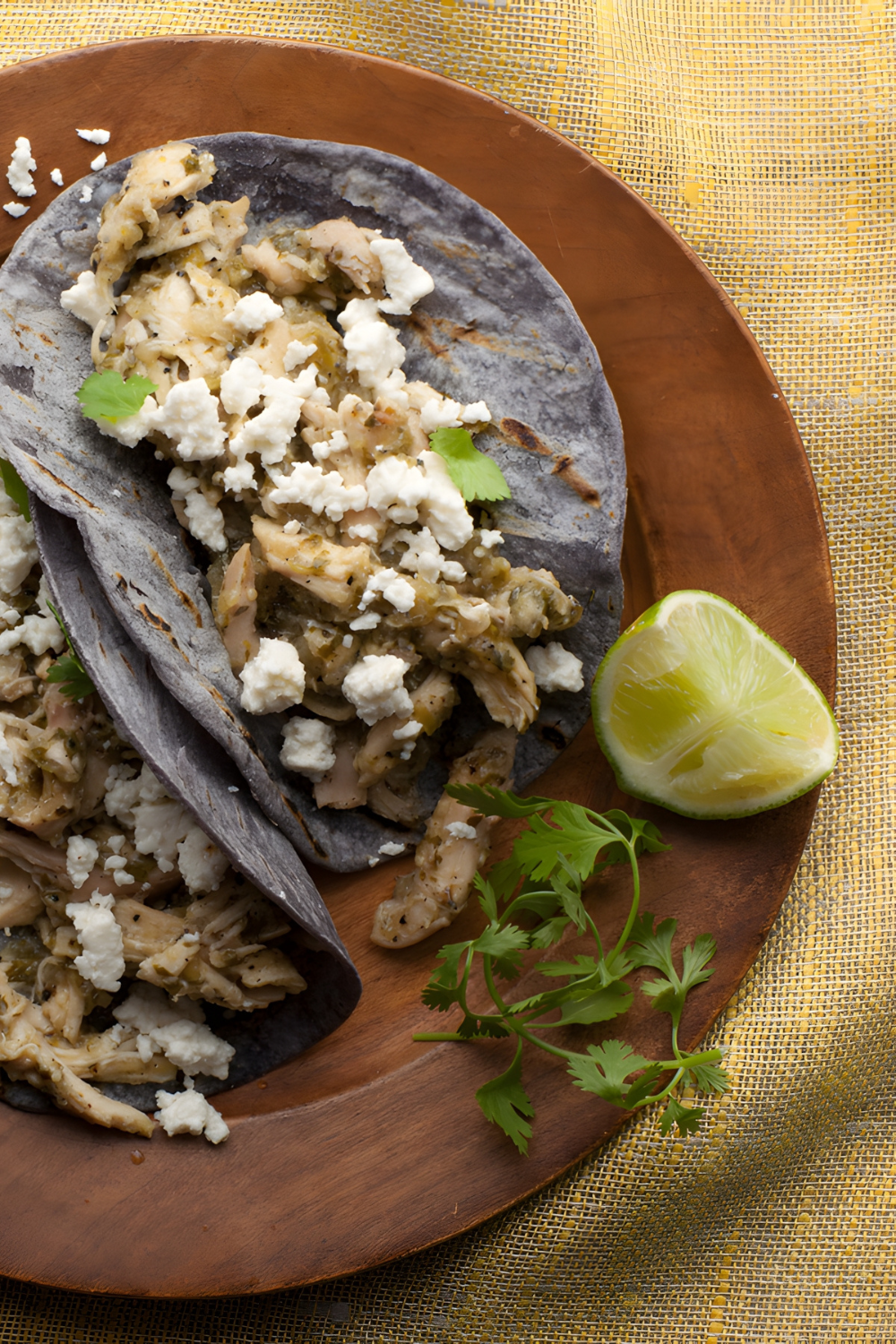 Shredded Chicken and Tomatillo Tacos with Queso Fresco