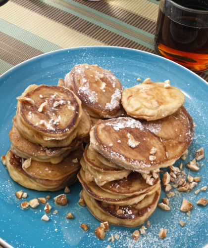 Silver Dollar Buttermilk-Pecan Pancakes with Bourbon Molasses Butter and Maple Syrup