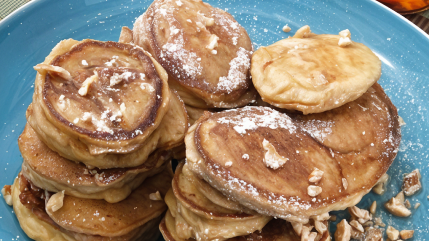 Silver Dollar Buttermilk-Pecan Pancakes with Bourbon Molasses Butter and Maple Syrup