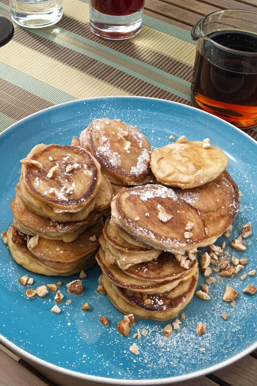 Silver Dollar Buttermilk-Pecan Pancakes with Bourbon Molasses Butter and Maple Syrup