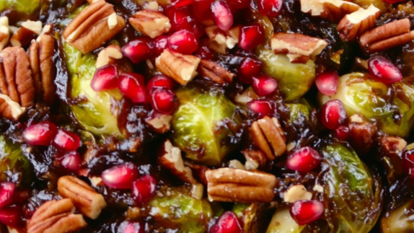 Roasted Brussels Sprouts with Pomegranates and Vanilla-Pecan Butter