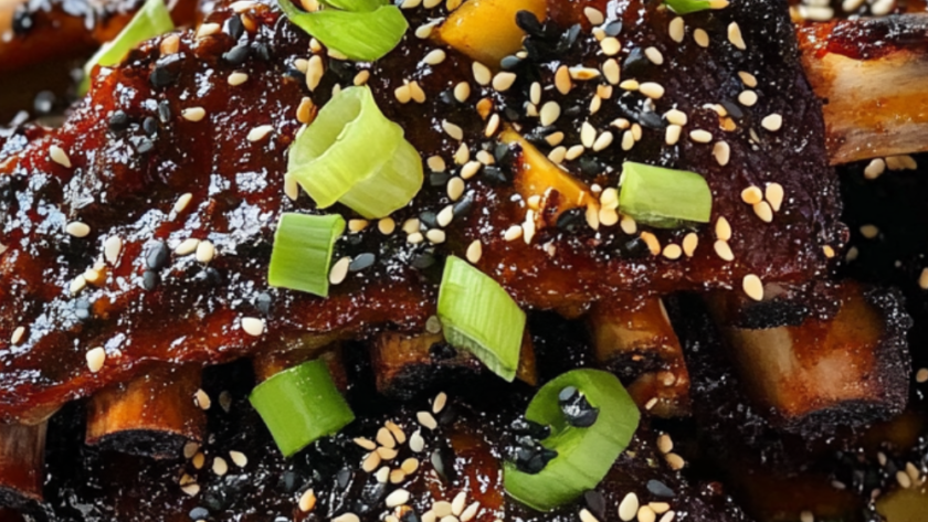 Bobby Flay Asian Spice Rubbed Ribs with Pineapple-Ginger BBQ Sauce and Black and White Sesame Seeds