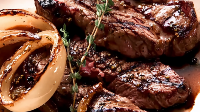 Bobby Flay Grilled Steak and Vidalia Onions with Mustard-Worcestershire Vinaigrette