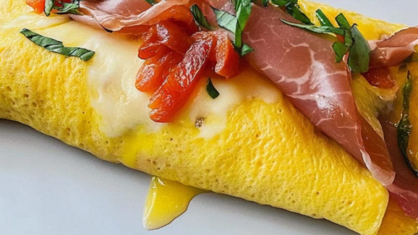 Bobby Flay Omelet with Prosciutto, Roasted Peppers, Fresh Mozzarella, Basil