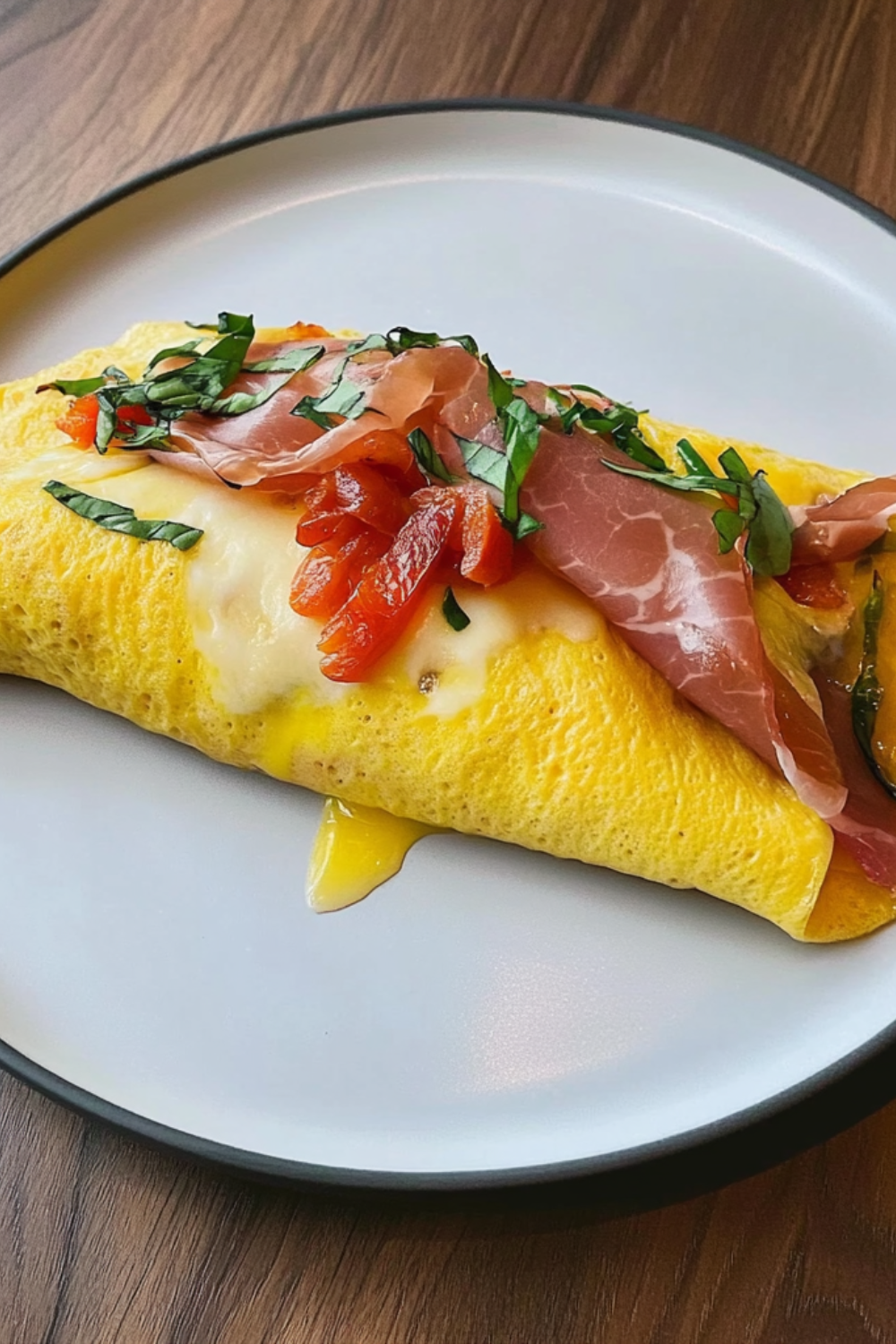 Bobby Flay Omelet with Prosciutto, Roasted Peppers, Fresh Mozzarella, Basil