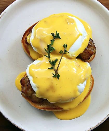 Bobby Flay Eggs Benedict with Apple Sausage and Mustard Hollandaise