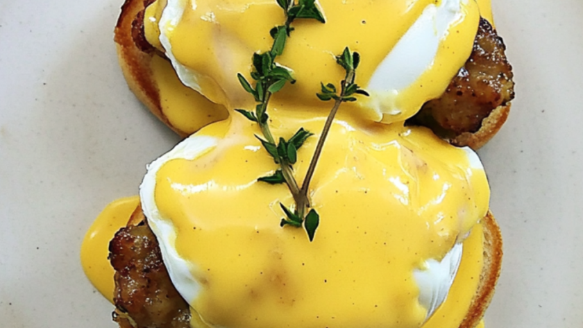 Bobby Flay Eggs Benedict with Apple Sausage and Mustard Hollandaise