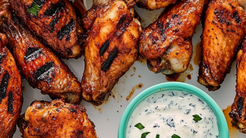 Bobby Flay Grilled Chicken Wings with Spicy Chipotle Hot Sauce and Blue Cheese-Yogurt Dipping Sauce