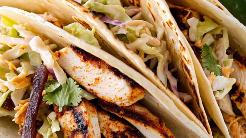 Bobby Flay Spice-Rubbed Chicken Breast Tacos with Grilled Poblanos, BBQ Onions and Coleslaw