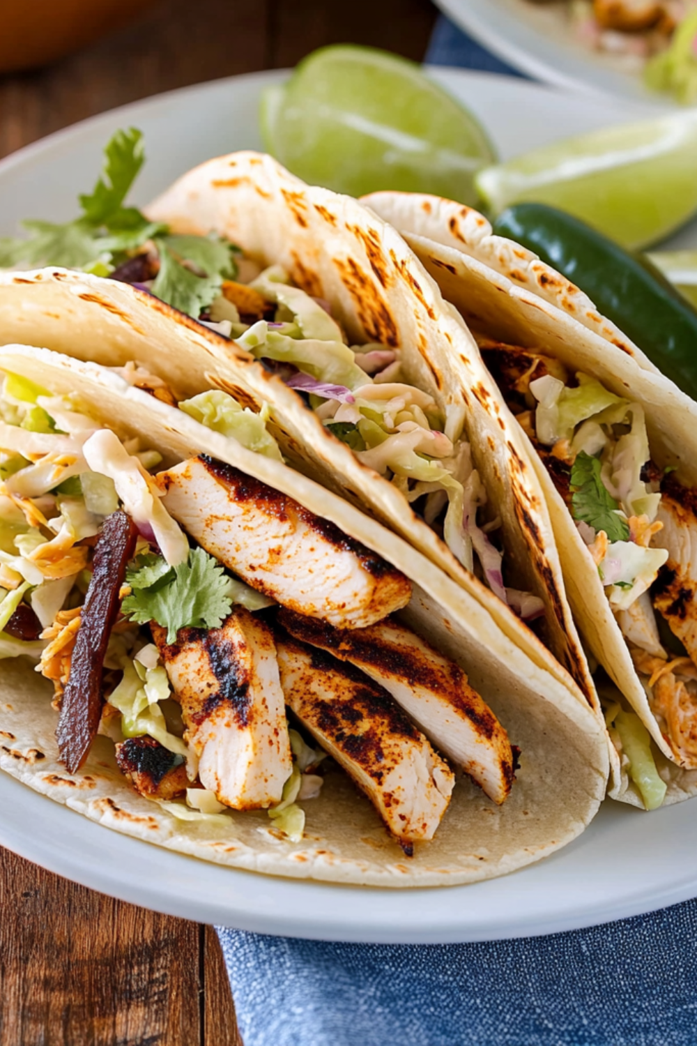 Bobby Flay Spice-Rubbed Chicken Breast Tacos with Grilled Poblanos, BBQ Onions and Coleslaw