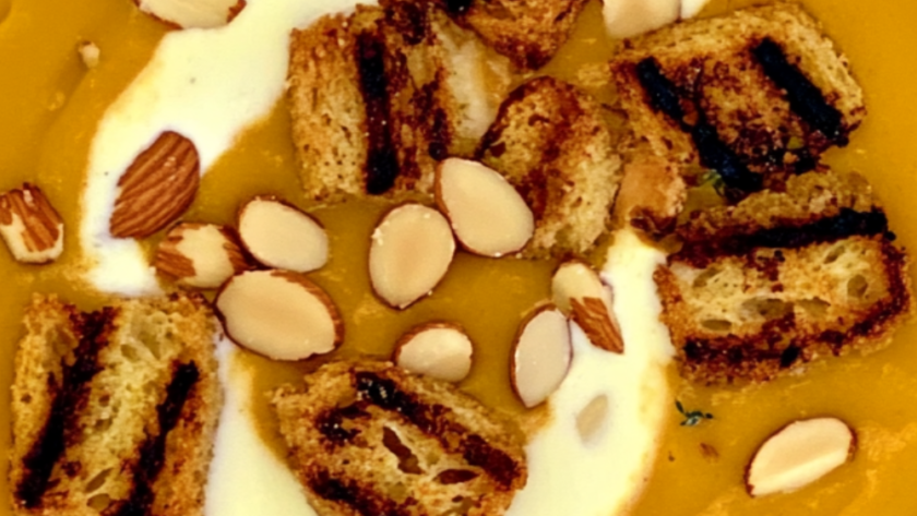 Bobby Flay Roasted Butternut Squash and Saffron Soup with Toasted Almond Croutons